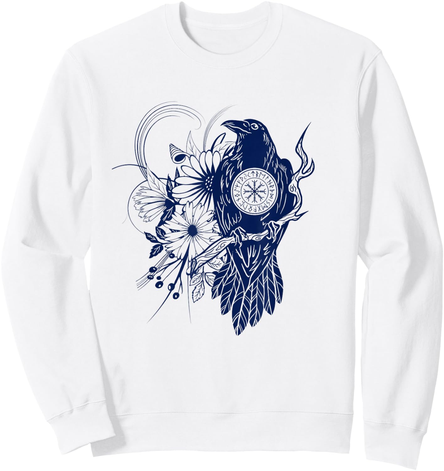 Runic Circle Crow Boho Floral Raven Norse Nordic Motifs Sweatshirt - Sweatshirt | White