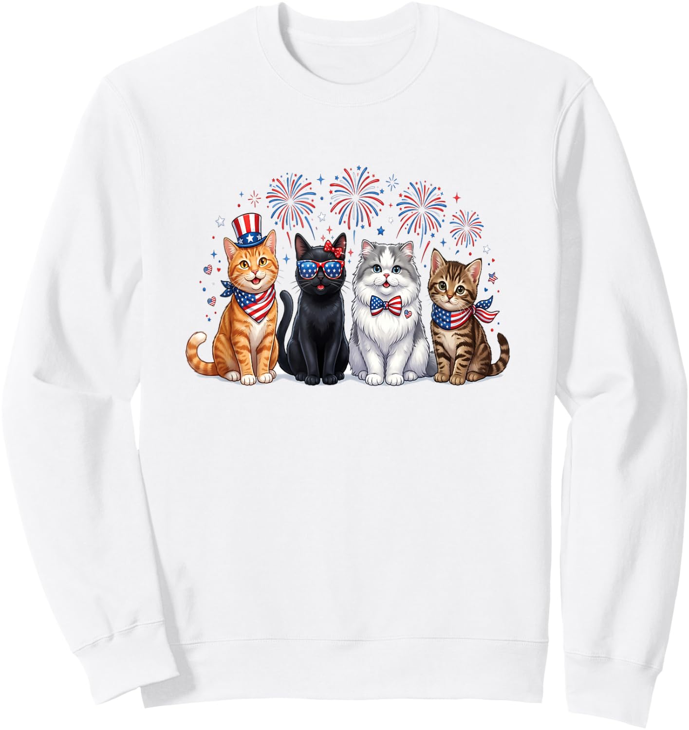 Patriotic Cats Fireworks 4th of July Cat Lovers Sweatshirt - Sweatshirt | White