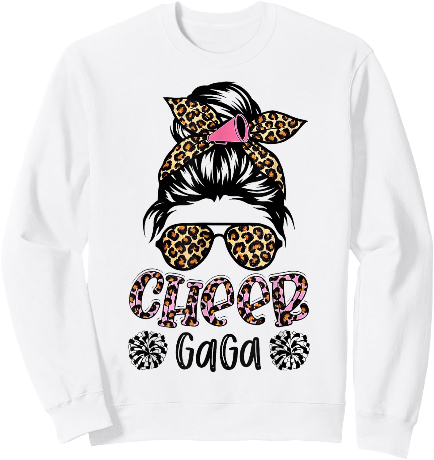 Cheer Gaga Leopard Messy Bun Cheerleader Mother's Day Sweatshirt - Sweatshirt | White