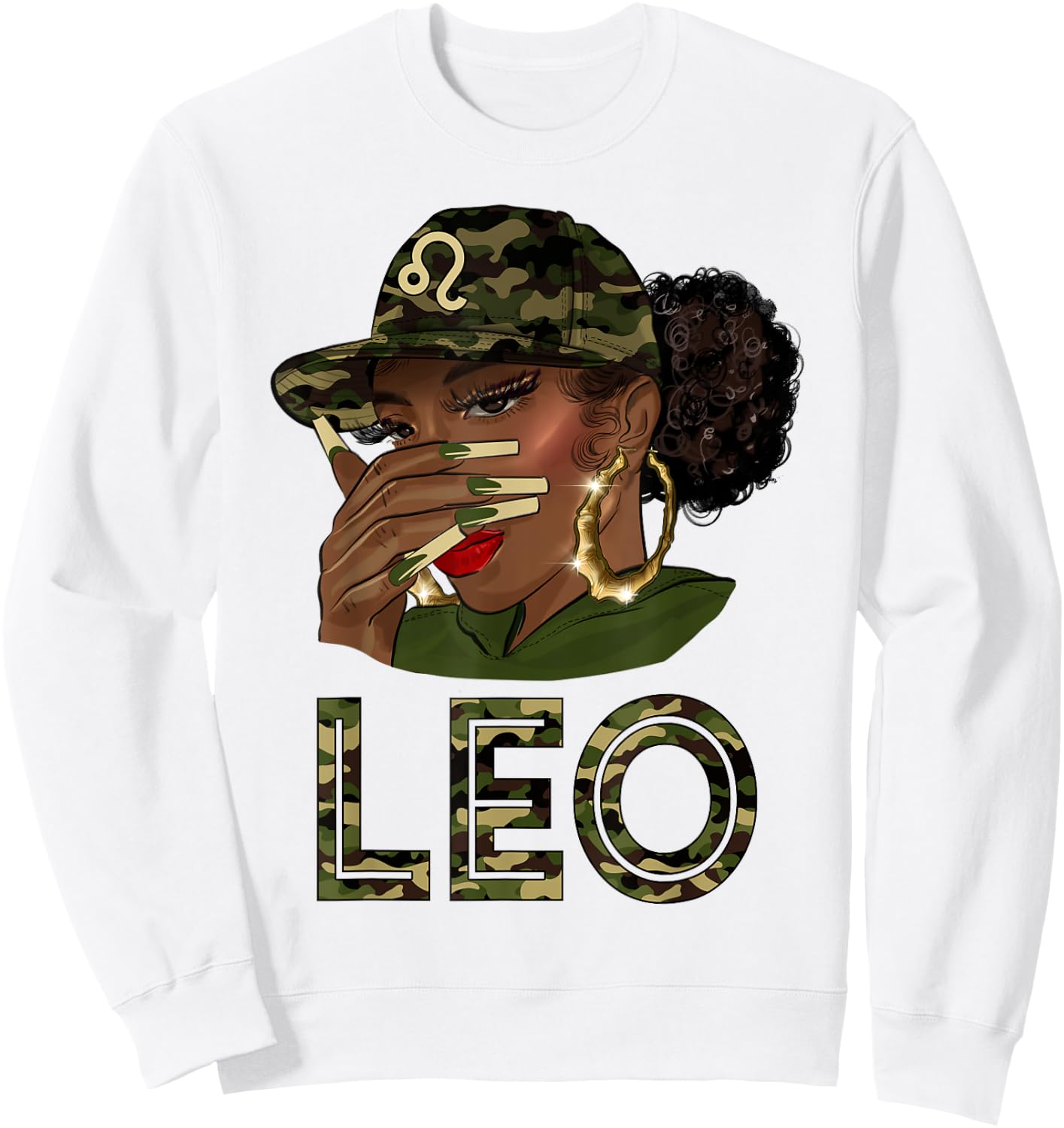 Leo Queen Black Girl With Cap Camo Afro Woman Zodiac Sweatshirt - Sweatshirt | White
