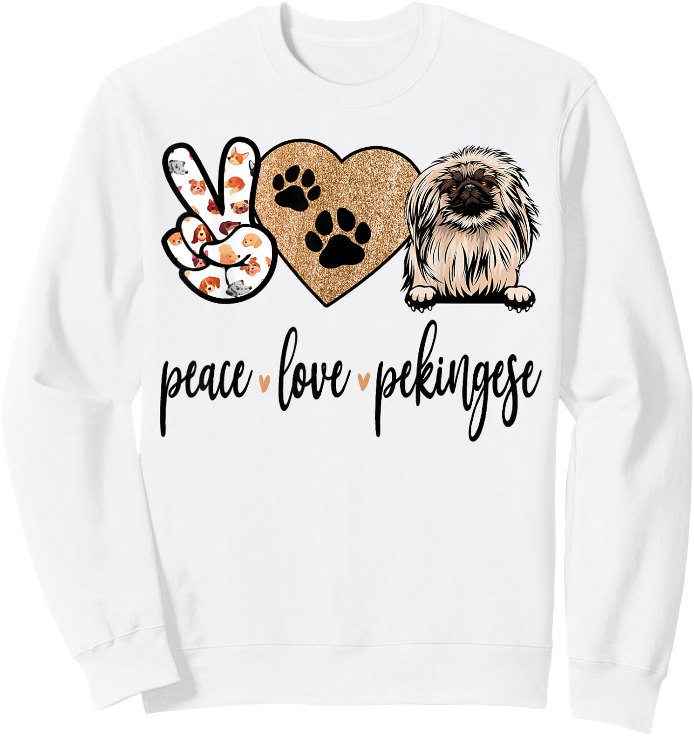 Funny Peace Love Pekingese Dog Lover Sweatshirt - Sweatshirt | White