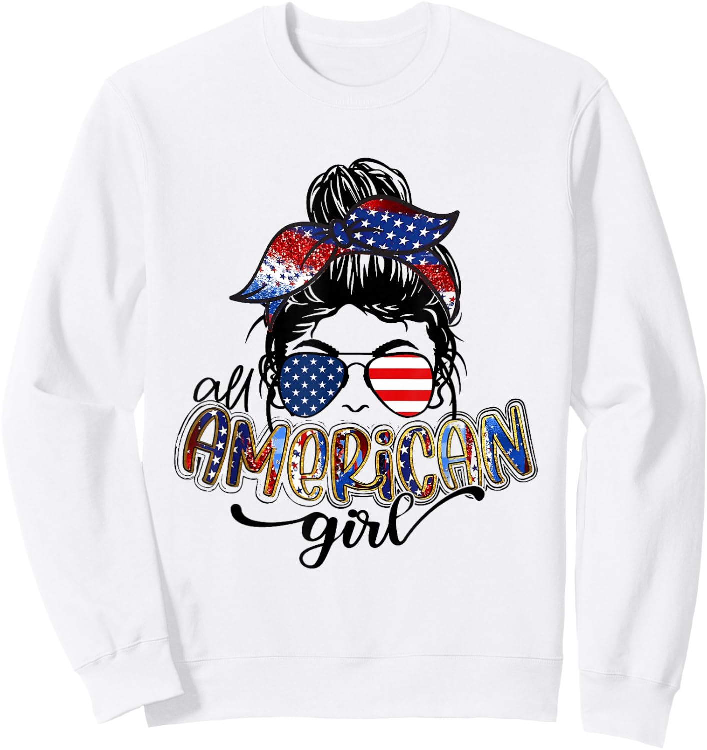 All American Girls Messy Bun Leopard 4th of July Flag Sweatshirt - Sweatshirt | White