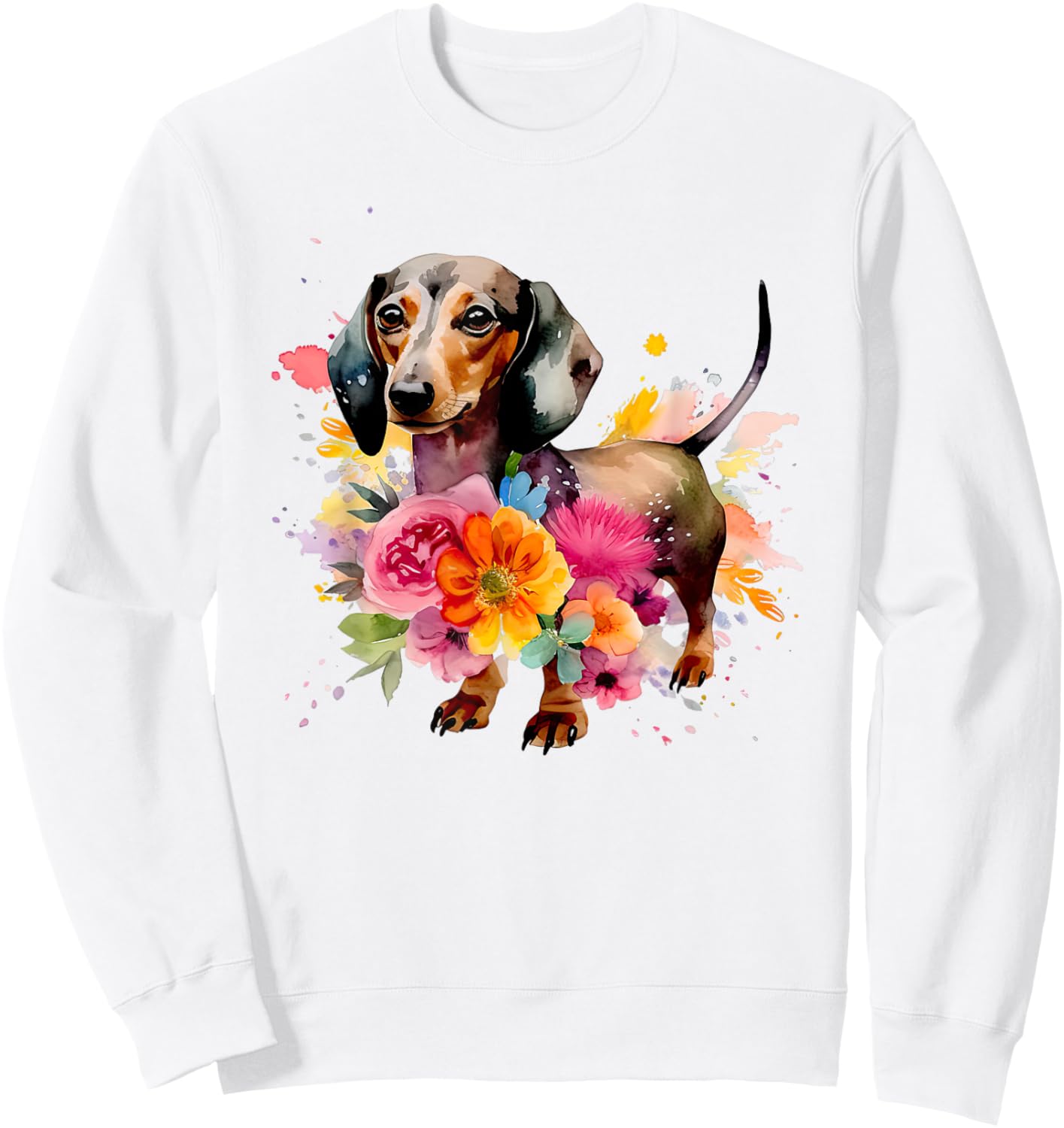 Dachshund Watercolour Art Dog Breed Woman Children Flowers , White Sweatshirt - Sweatshirt | White