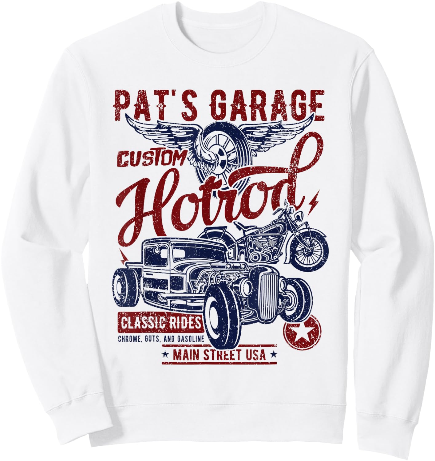 Pat's Garage Hotrod Classic Rides Distressed Design Sweatshirt - Sweatshirt | White