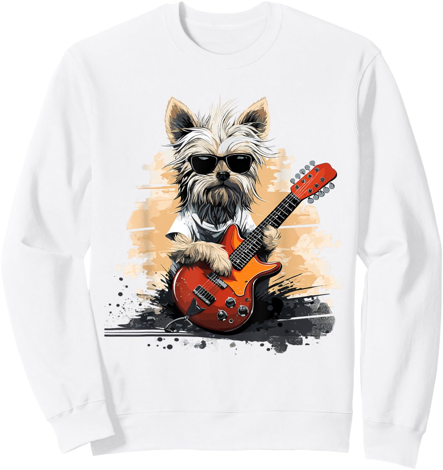 Cool Yorkshire Terrier Playing Guitar Print Art Yorkie Lover Sweatshirt - Sweatshirt | White
