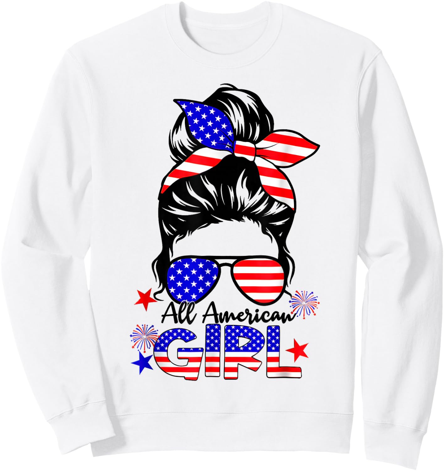 4th of July All American Girls Messy Bun Sweatshirt - Sweatshirt | White