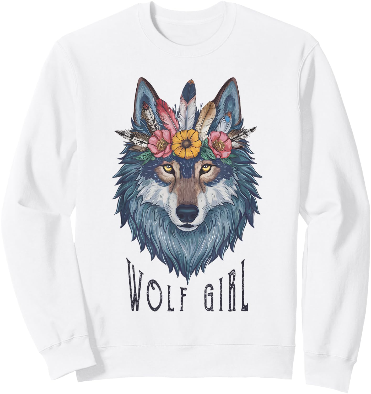 Wolf Girl Loves Wolves Kids Vintage Feathers Wolf Floral , white, S Sweatshirt - Sweatshirt | White