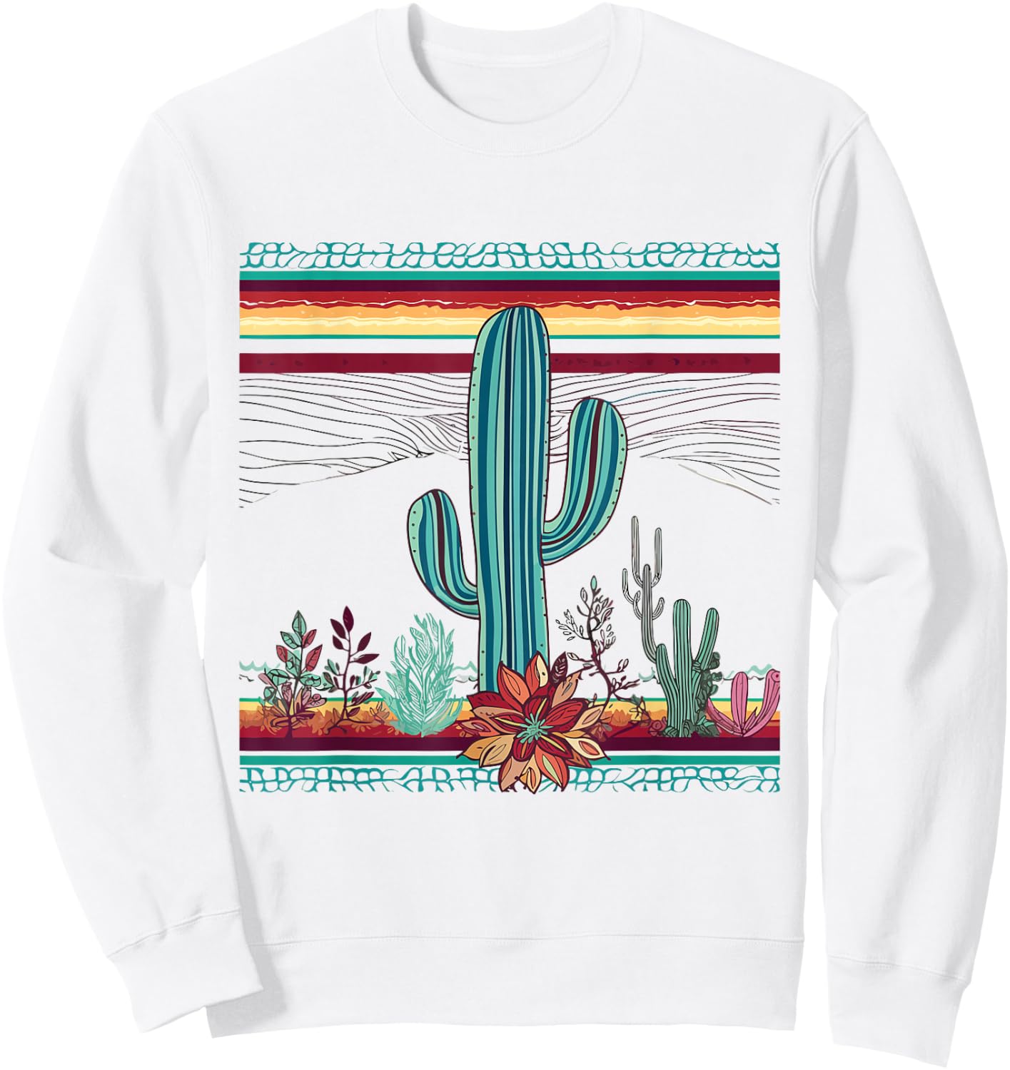 Serape Cactus Print Turquoise Western Saguaro Cactus Sweatshirt - Sweatshirt | White