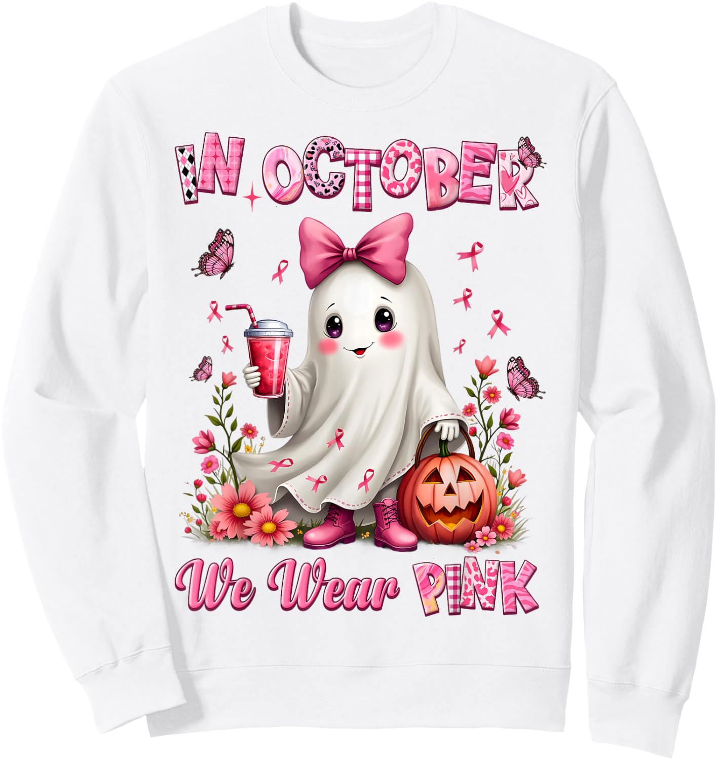 In October We Wear Pink Ghost Breast Cancer Awareness Sweatshirt - Sweatshirt | White