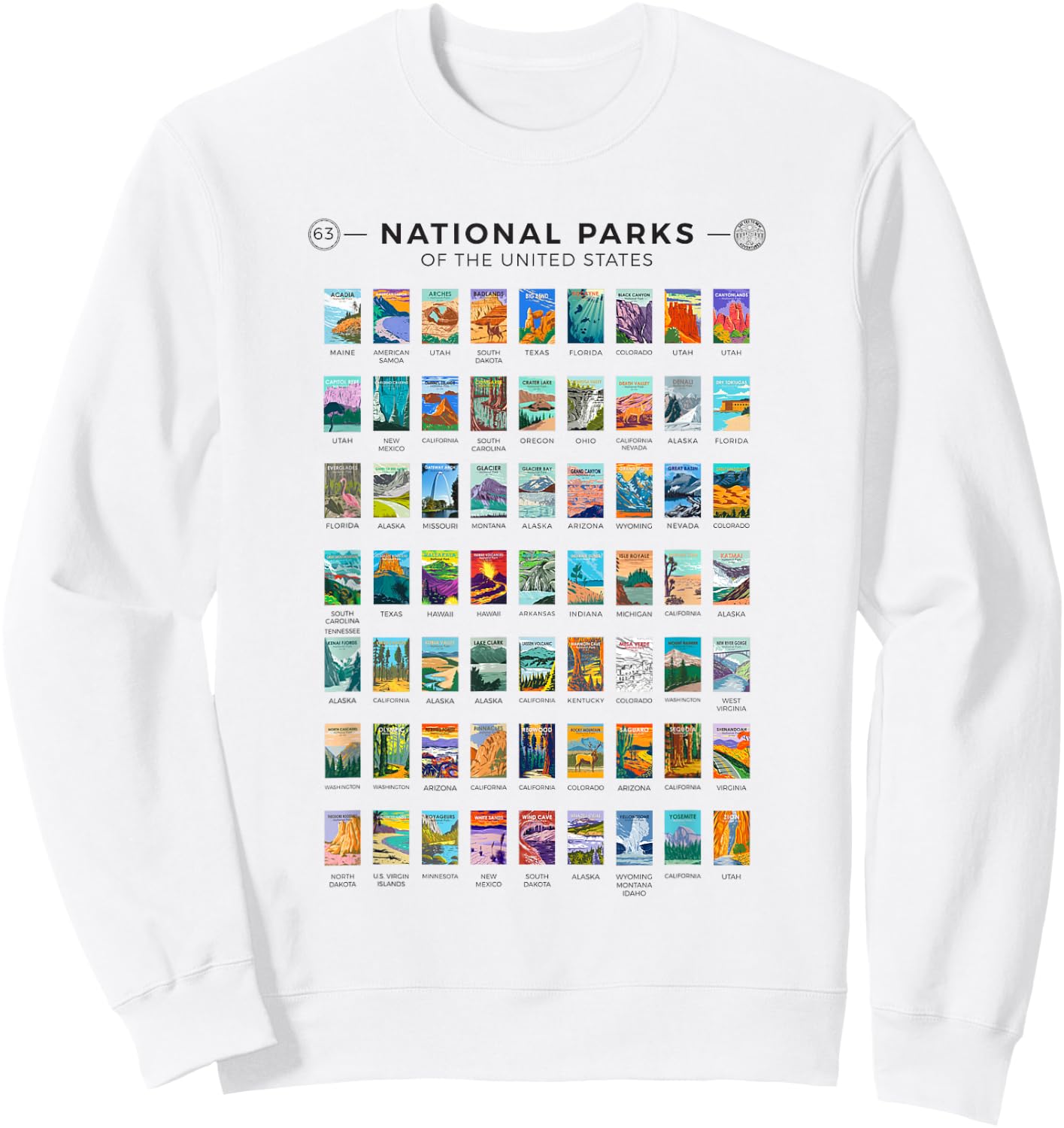 All 63 National Parks Of The United States Vintage Art List Sweatshirt - Sweatshirt | White