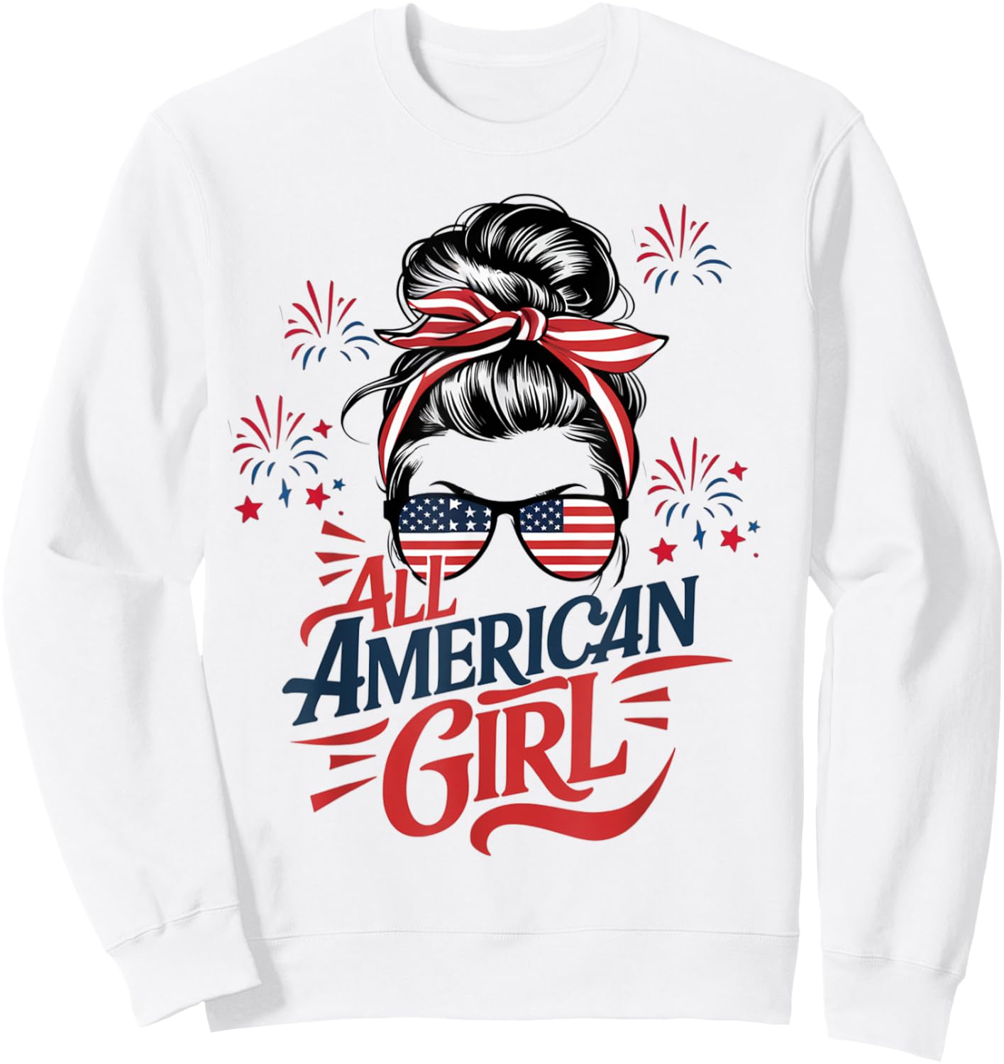 4th of July USA Flag Messy Bun Patriotic All American Girl Sweatshirt - Sweatshirt | White
