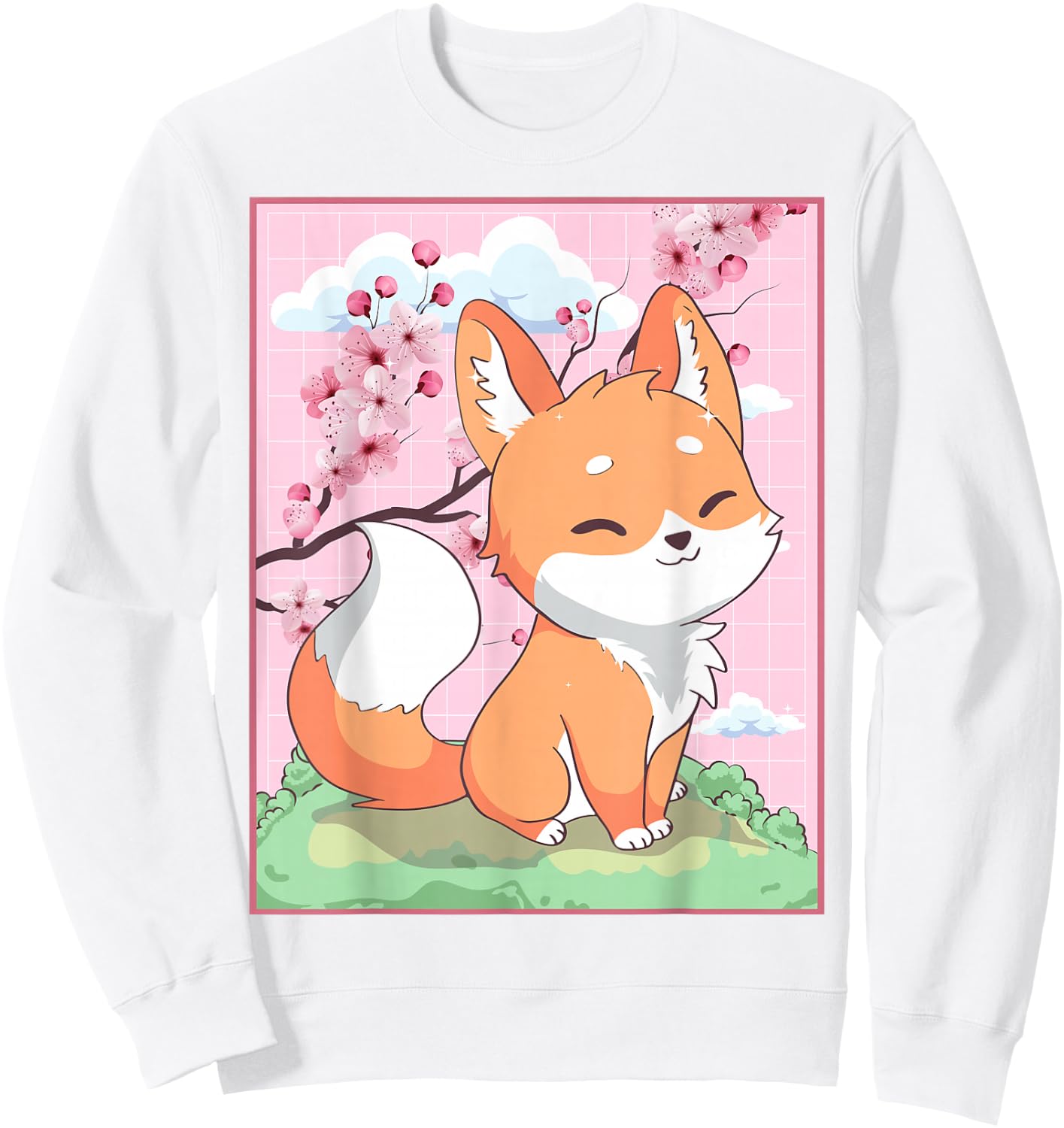 Kawaii Fox Japanese Kitsune Sakura Cherry Blossom Sweatshirt - Sweatshirt | White