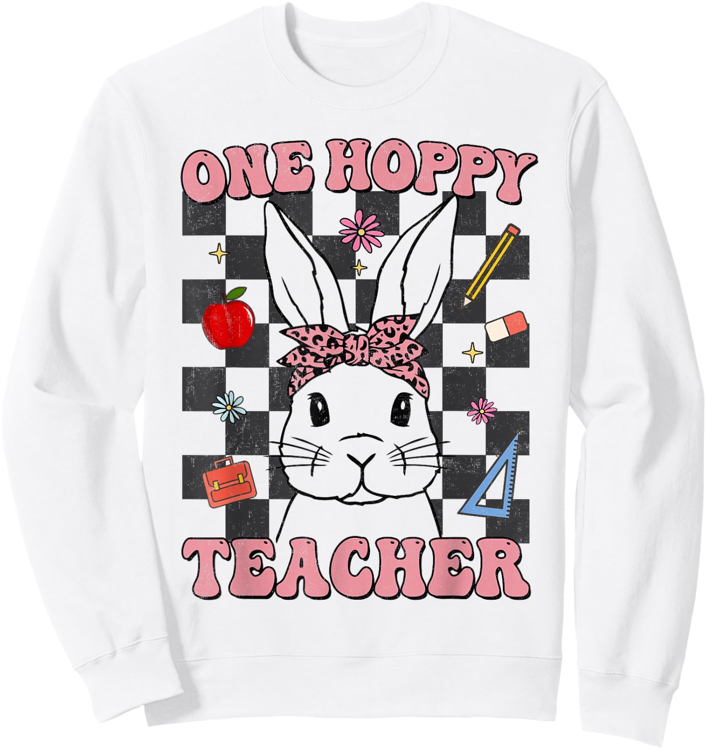 Retro Groovy One Hoppy Teacher Bunny Easter Day Teaching Sweatshirt - Sweatshirt | White