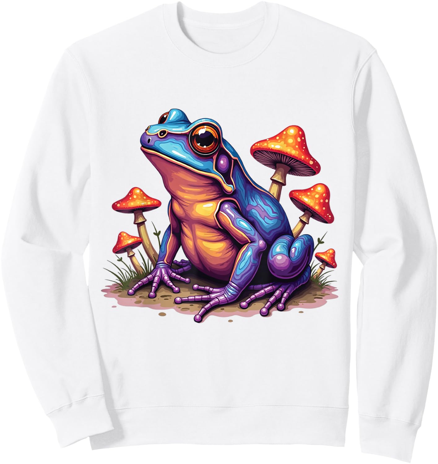 Toad Frog with Psychedelic Mushrooms Trippy Illustration , white, S Sweatshirt - Sweatshirt | White