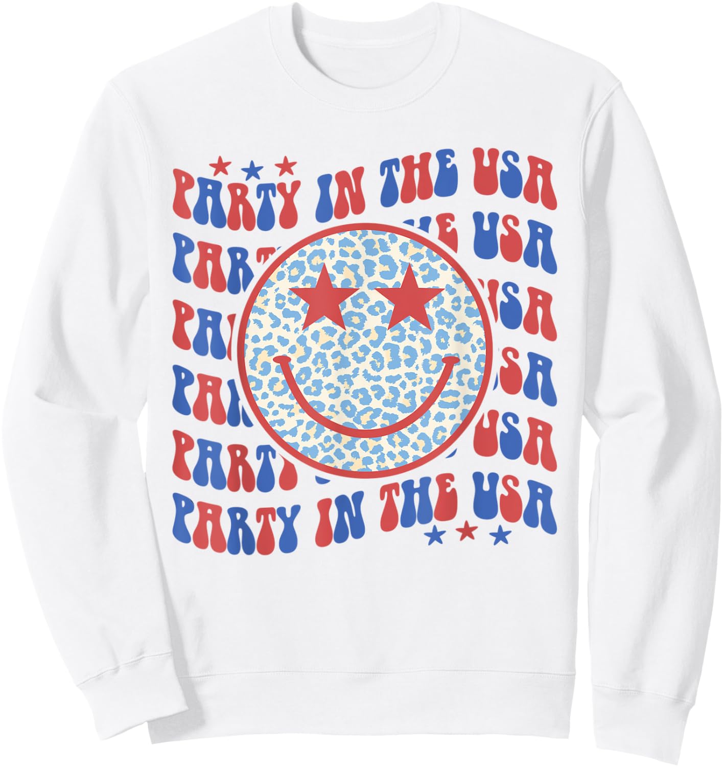 Party In The USA Happy Face Leopard Pattern 4th Of July Sweatshirt - Sweatshirt | White