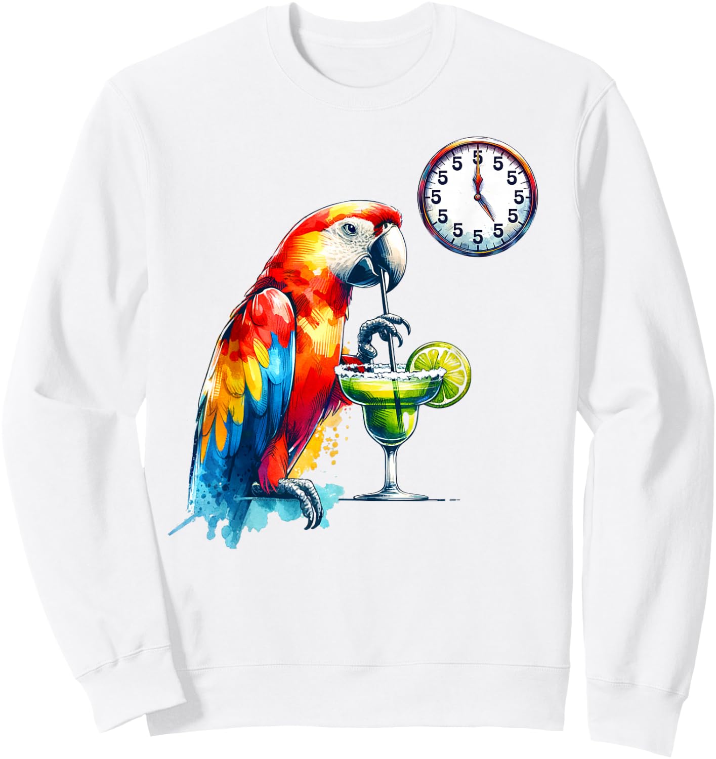 Always 5 O'clock Colorful Parrot Drinking Margarita Sweatshirt - Sweatshirt | White