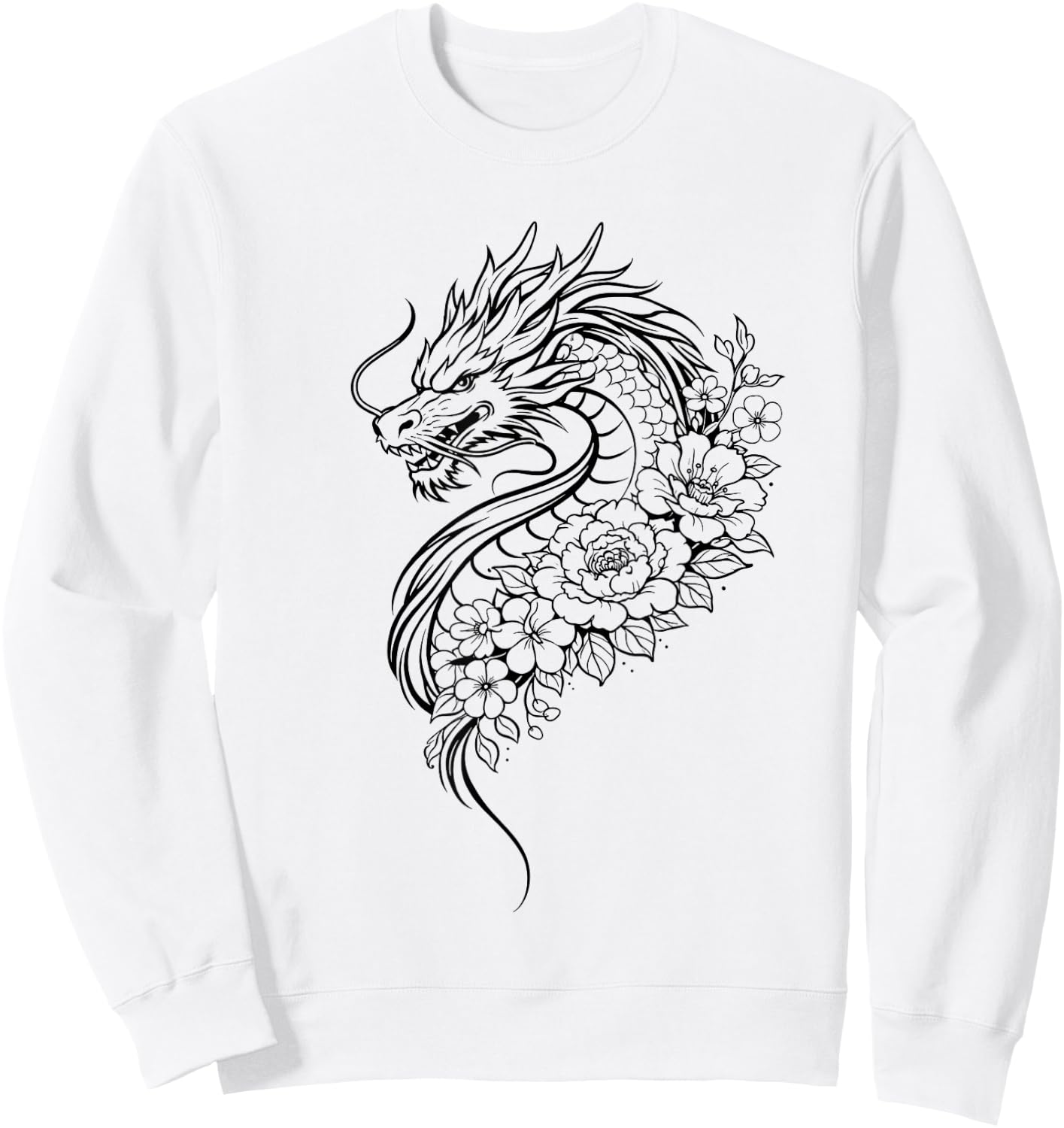 Dragon Flowers Line Art Minimalist Splash Sweatshirt - Sweatshirt | White