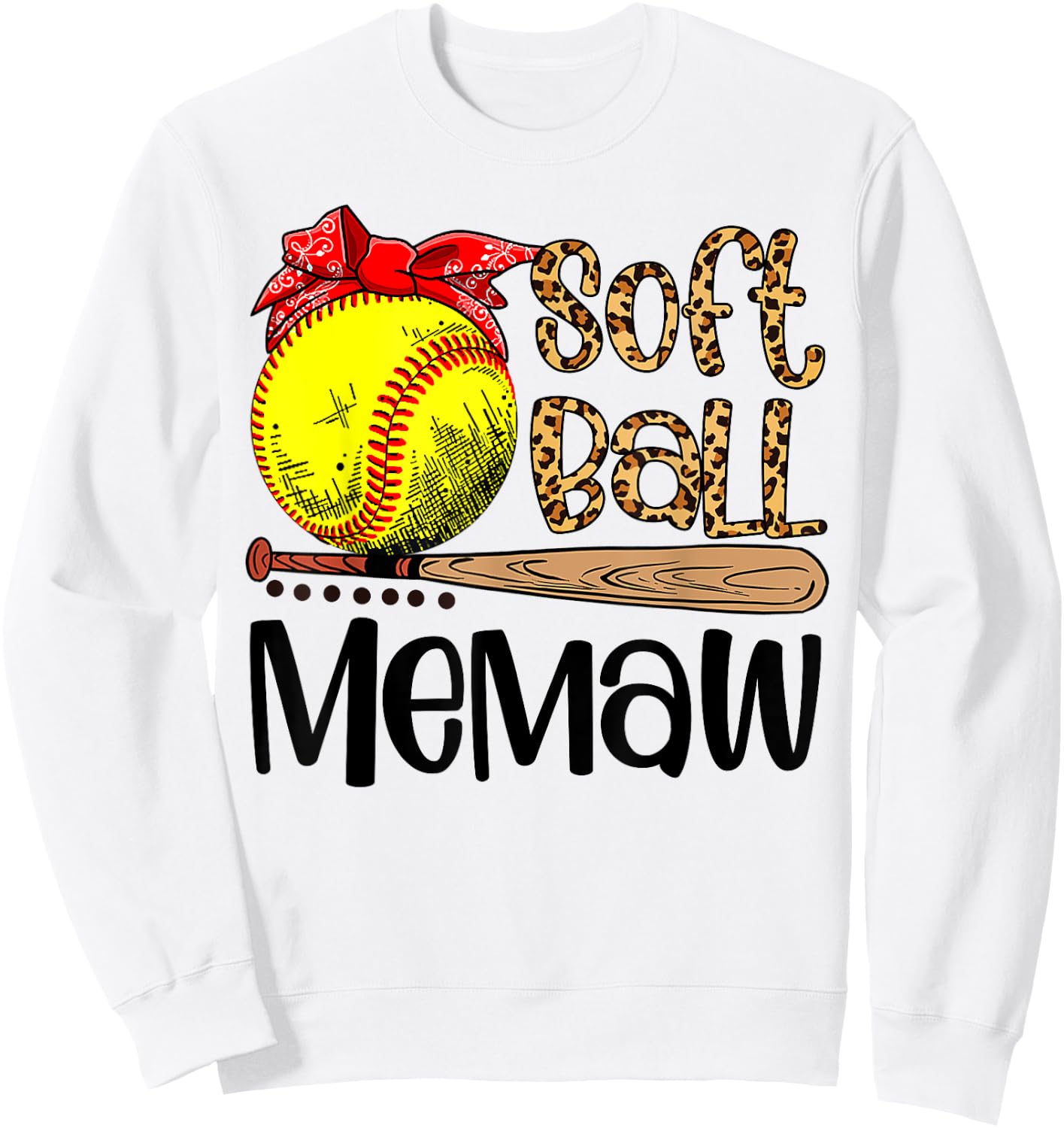 Women Mothers Day Softball Memaw Leopard Sweatshirt - Sweatshirt | White