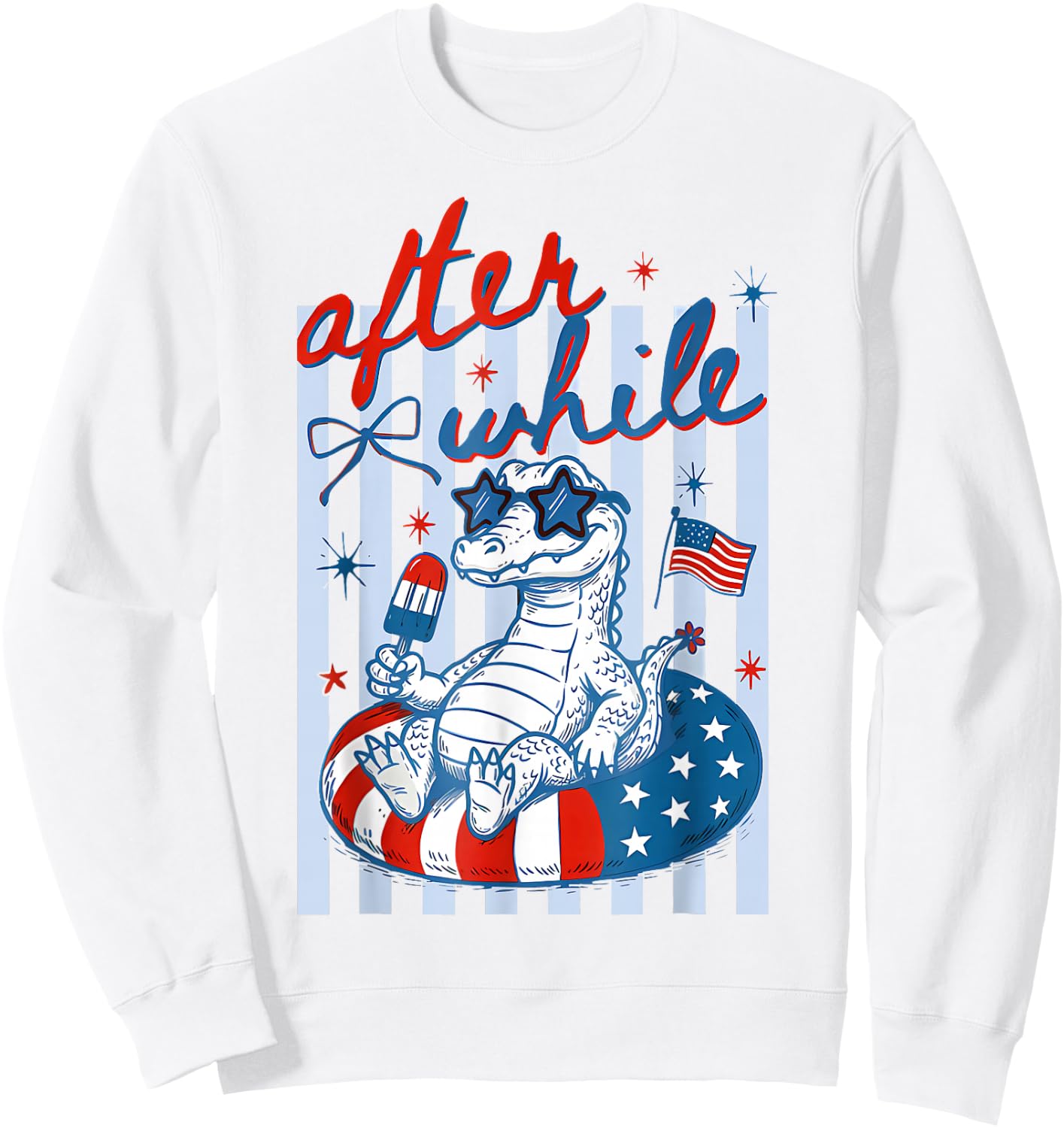 After While 4th of July Crocodile Patriotic Summer Vacation Sweatshirt - Sweatshirt | White