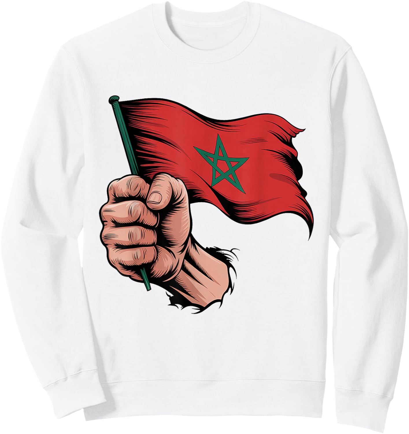 Morocco Flag Fist Hand Graphic Moroccan Heritage Sweatshirt - Sweatshirt | White