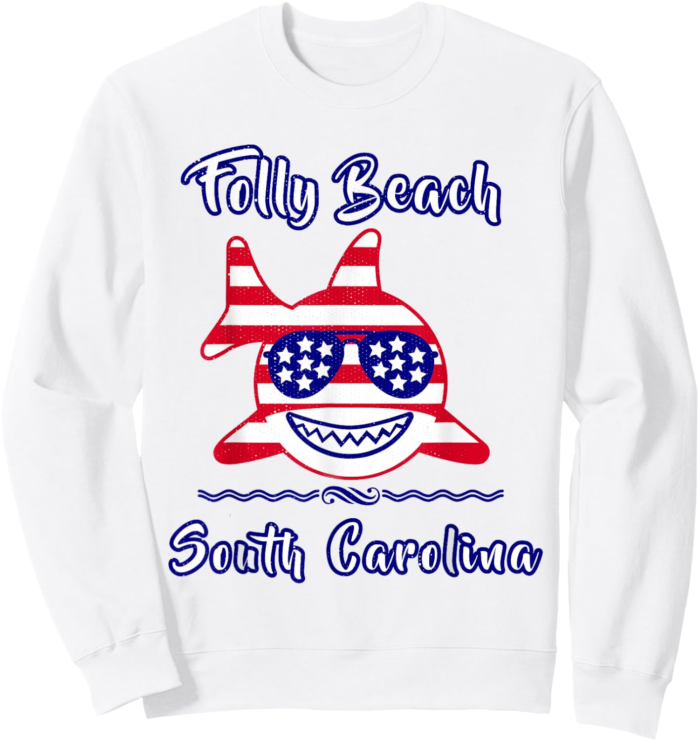 Folly Beach South Carolina Patriotic Coastal Shark Fish Sweatshirt - Sweatshirt | White