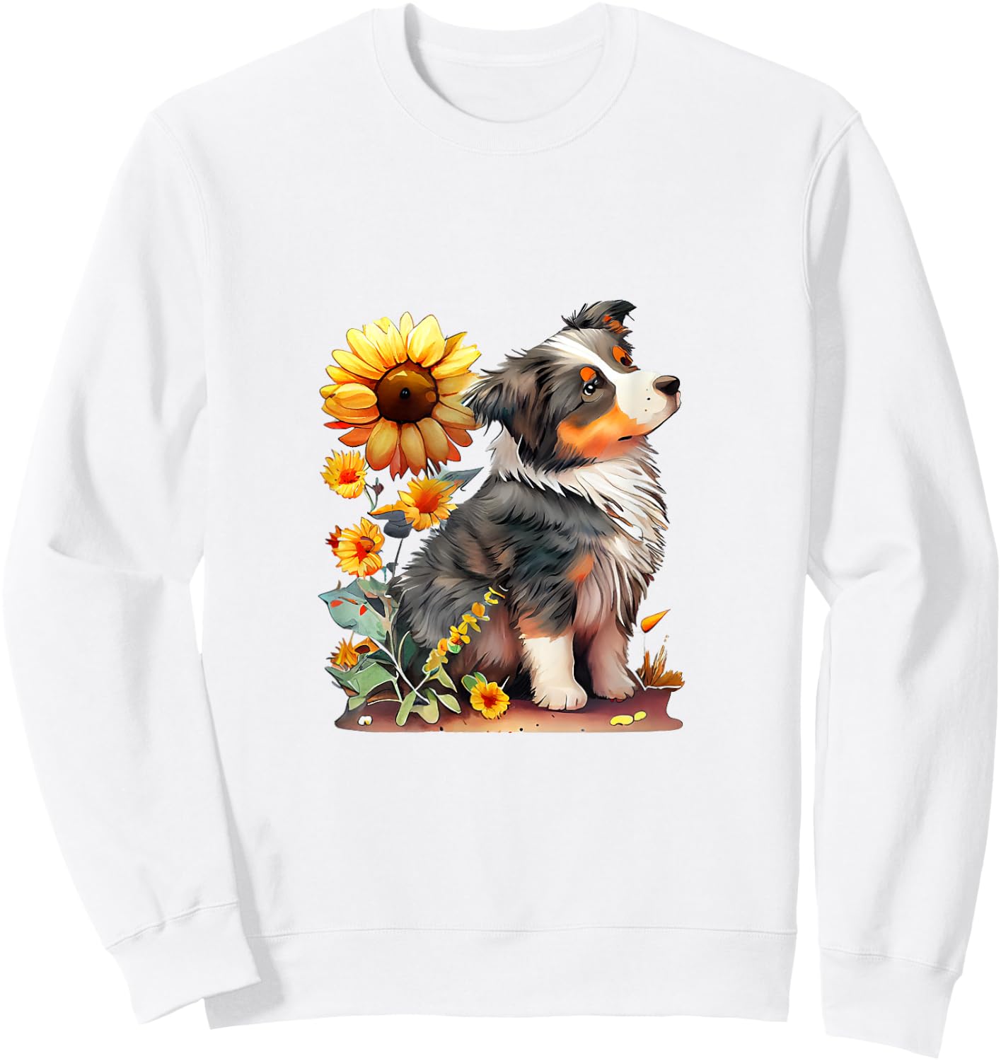 Vintage Sunflower Australian Shepherd Lover Flower Graphic Sweatshirt - Sweatshirt | White