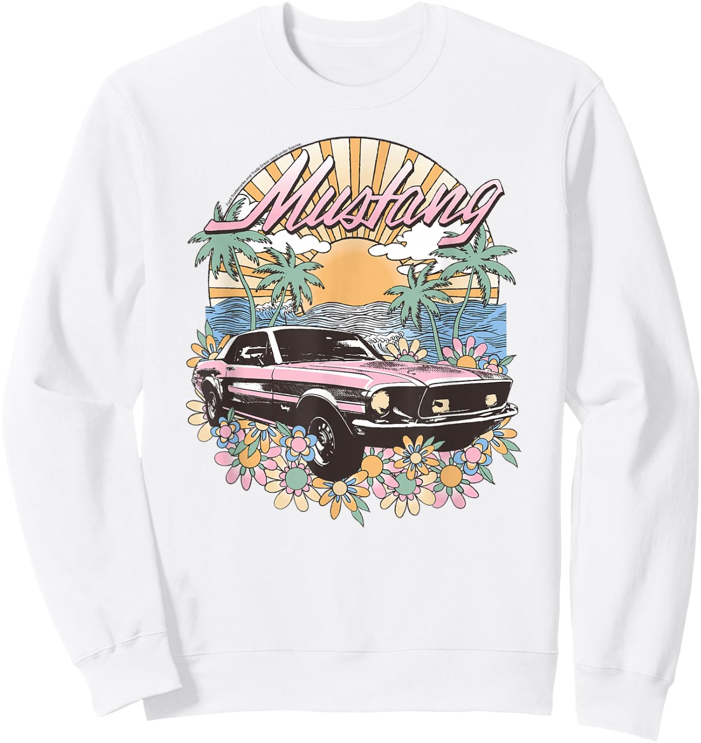 Ford – Vintage Pink Mustang Floral Beach Sunset Palm Trees , white, S Sweatshirt - Sweatshirt | White