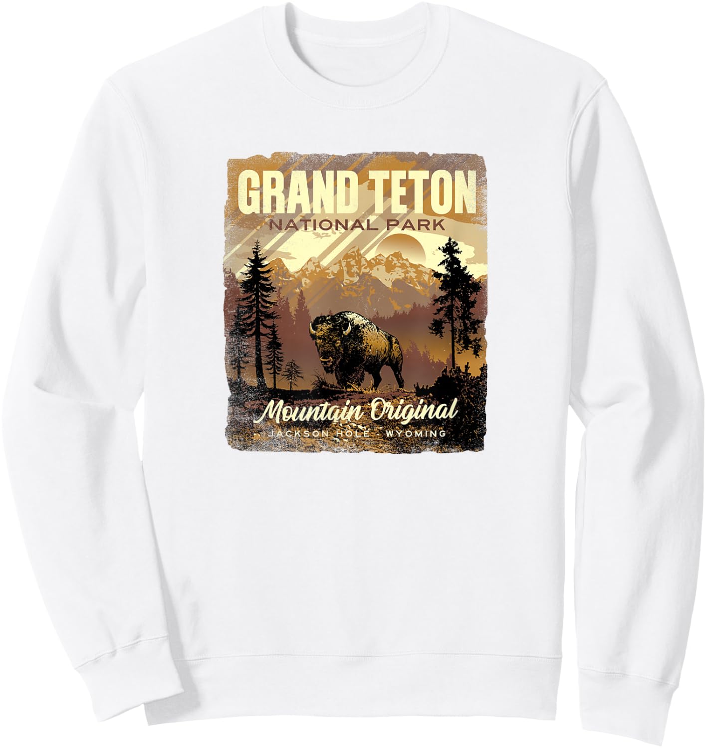 Grand Teton National Park Bison Retro Graphic Sweatshirt - Sweatshirt | White