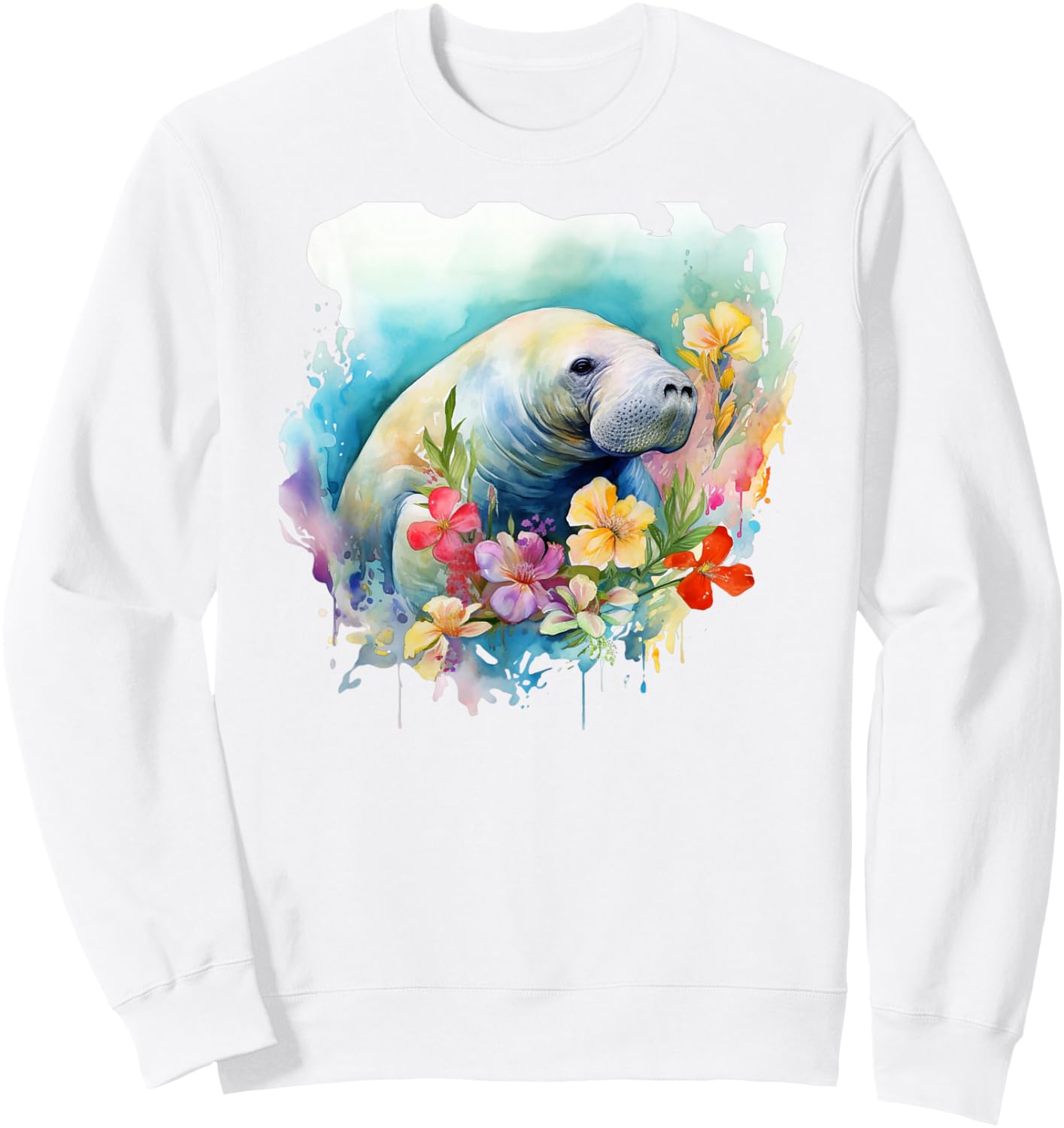 Manatee Floral Watercolor Painting Sweatshirt - Sweatshirt | White