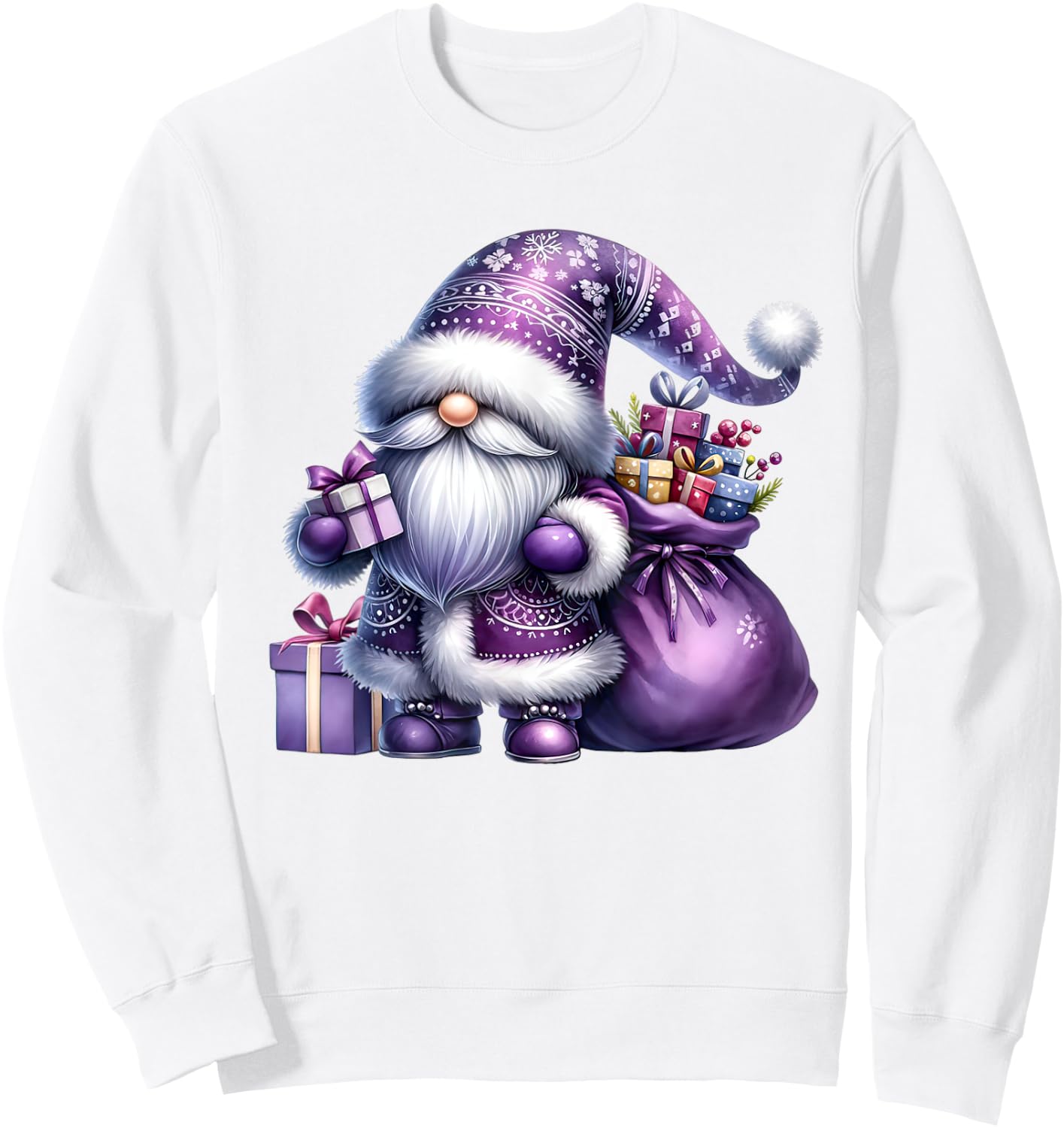 Purple Christmas Gnome With Santa Bag Men Xmas Sweatshirt - Sweatshirt | White