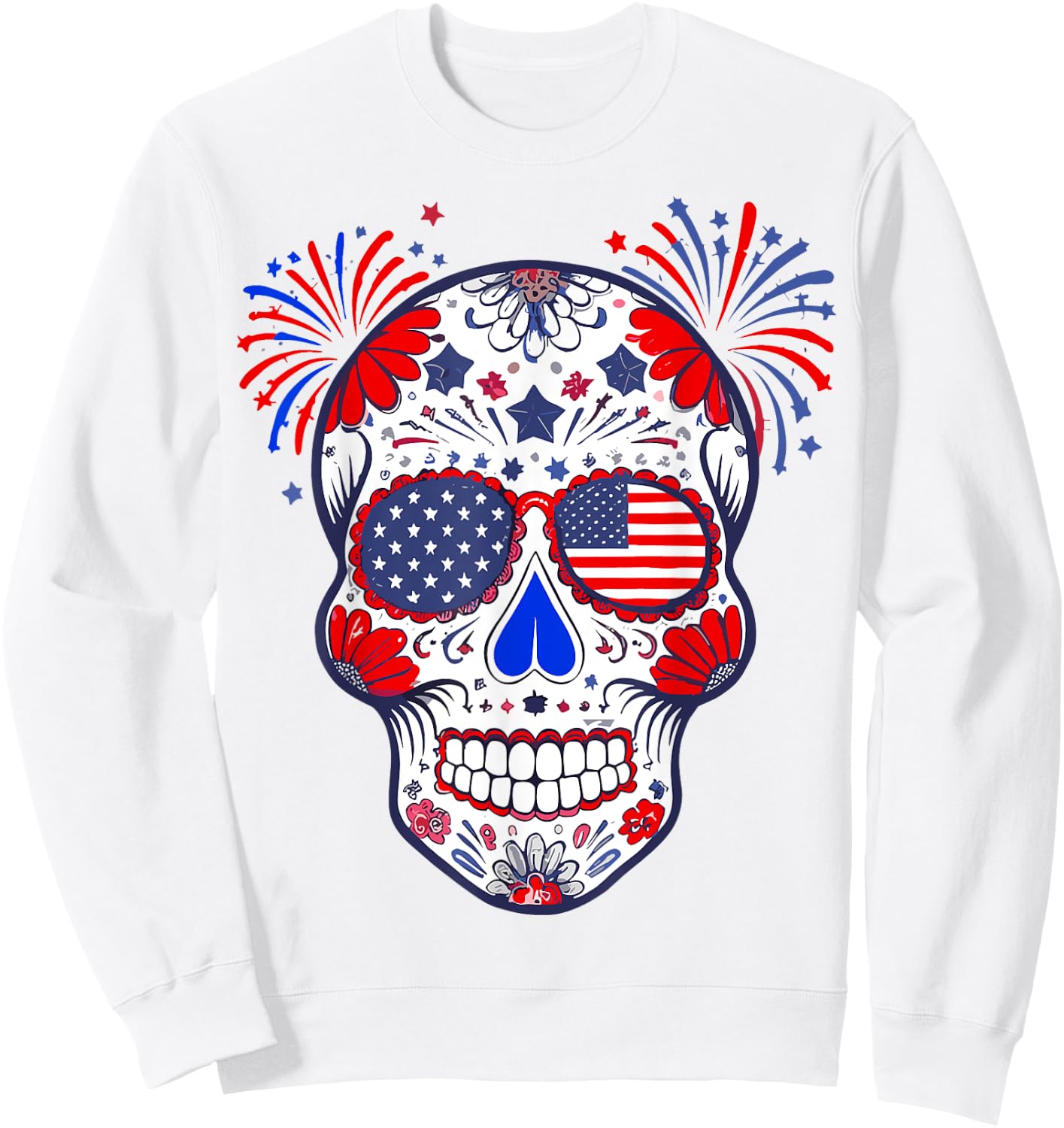 Sugar Skull Sunglasses USA Flag 4th of July Men Women Sweatshirt - Sweatshirt | White