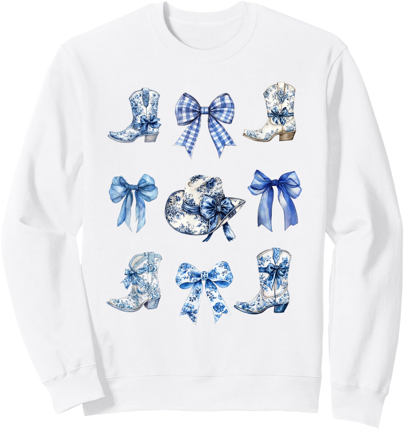 Toile Bow Shirt Blue Coquette Bow Cowboy Cowboy Hat Boots Sweatshirt - Sweatshirt | White