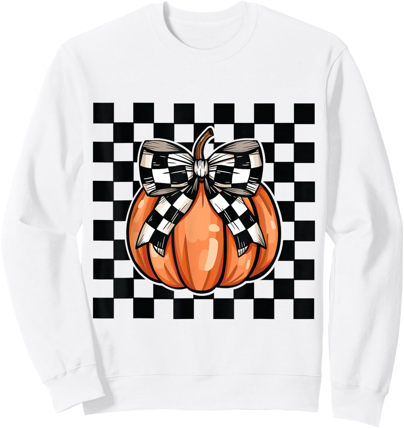 Checkered Halloween pumpkin cute coquette bow aesthetic girl Sweatshirt - Sweatshirt | White