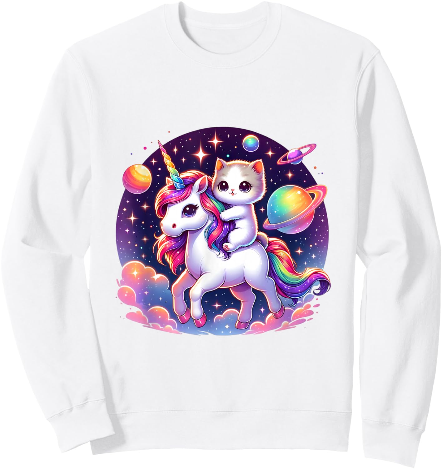 Cat Unicorn Graphic Cute Cat Riding Unicorn Lover Boys Girls Sweatshirt - Sweatshirt | White