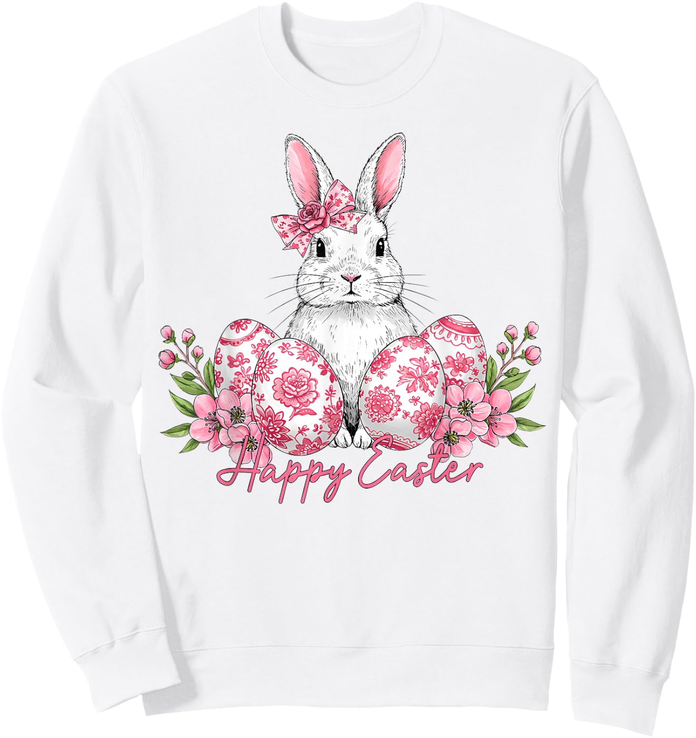 Happy Easter Chinoiserie Eggs Florals Bunny Coquette Bow Sweatshirt - Sweatshirt | White