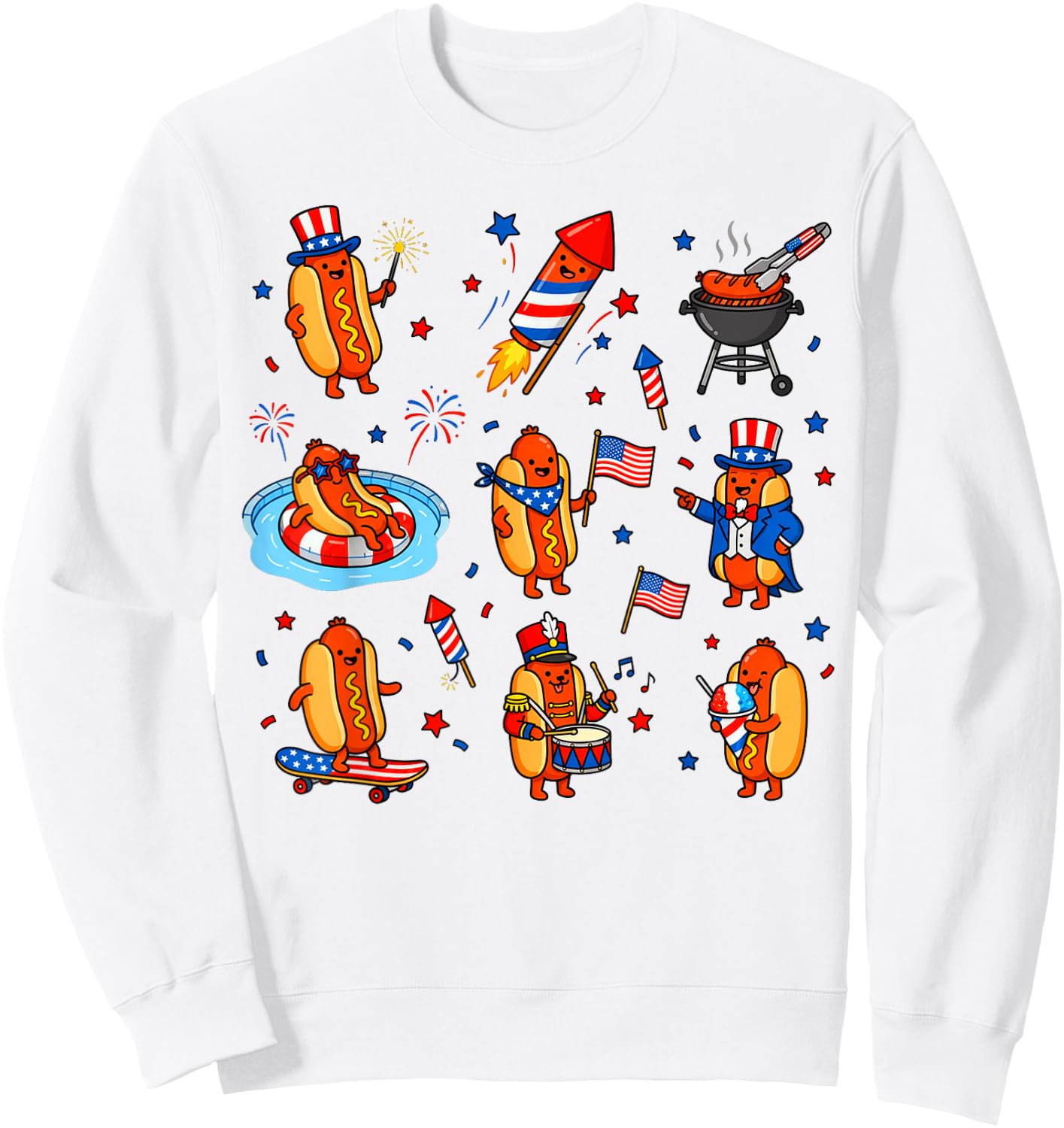 Hot Dog, American Flag Fireworks 4th of July Sweatshirt - Sweatshirt | White