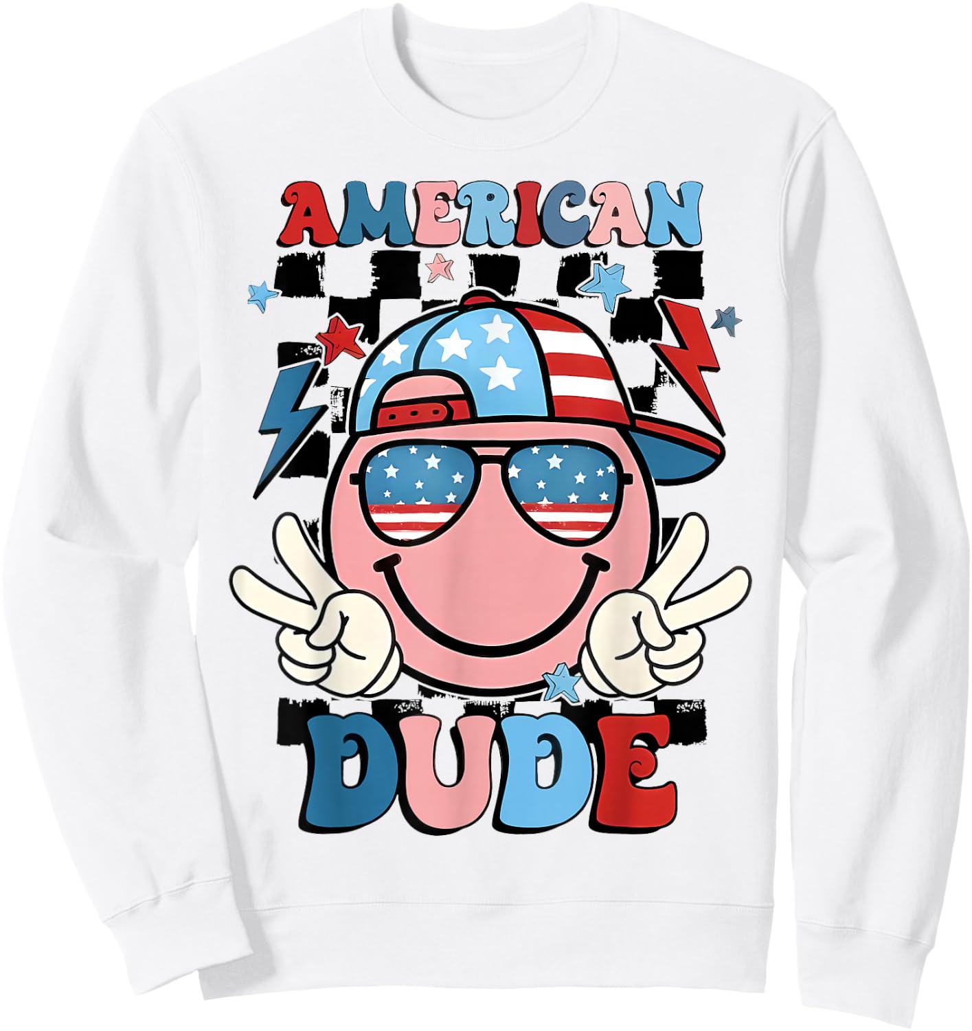 Checkered American Dude US Flag Cap Boy 4th of July Sweatshirt - Sweatshirt | White