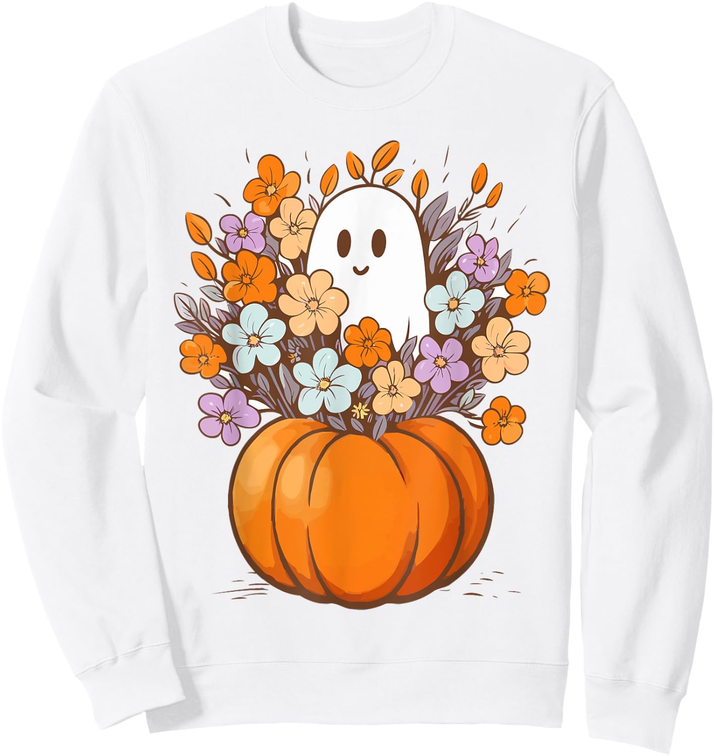 Floral Ghost Halloween Costume Aesthetic Ghost Pumpkin Fall Sweatshirt - Sweatshirt | White