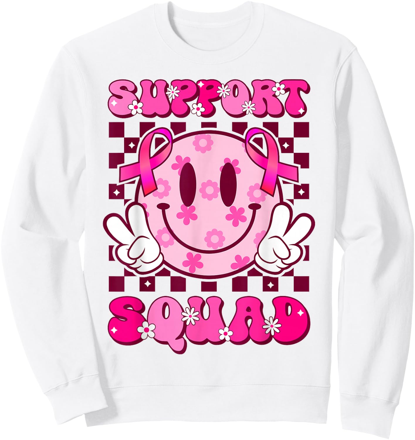Groovy Smile Face Pink Ribbon Support Squad Breast Cancer Sweatshirt - Sweatshirt | White