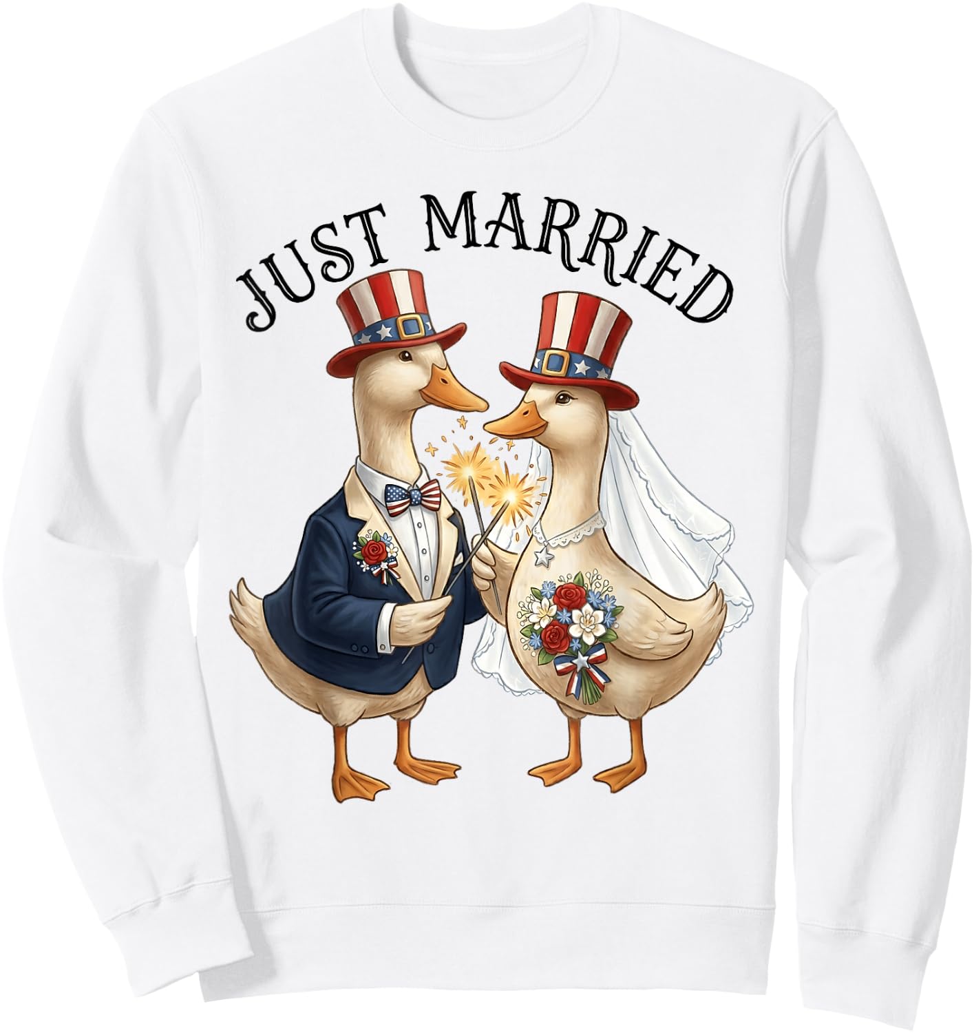 Just Married Patriotic Duck Couple Funny 4th of July Brided Sweatshirt - Sweatshirt | White