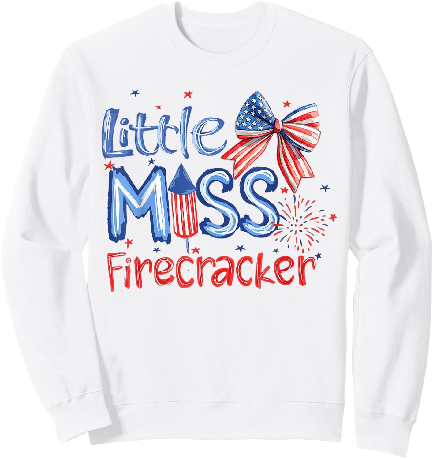 Coquette Bow Little Miss Firecracker US Flag 4th of July Sweatshirt - Sweatshirt | White