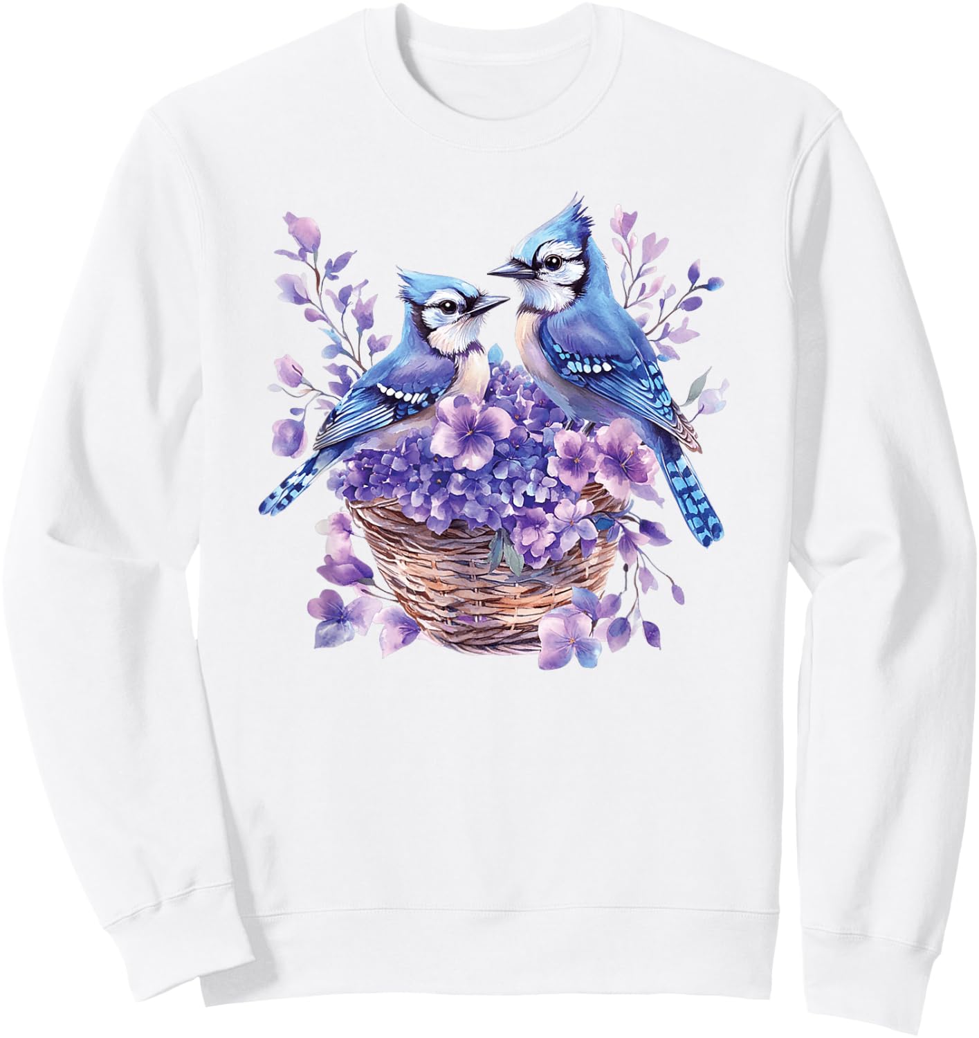Couple Blue Jay Birds In A Basket With Flowers,Vibrant Color Sweatshirt - Sweatshirt | White