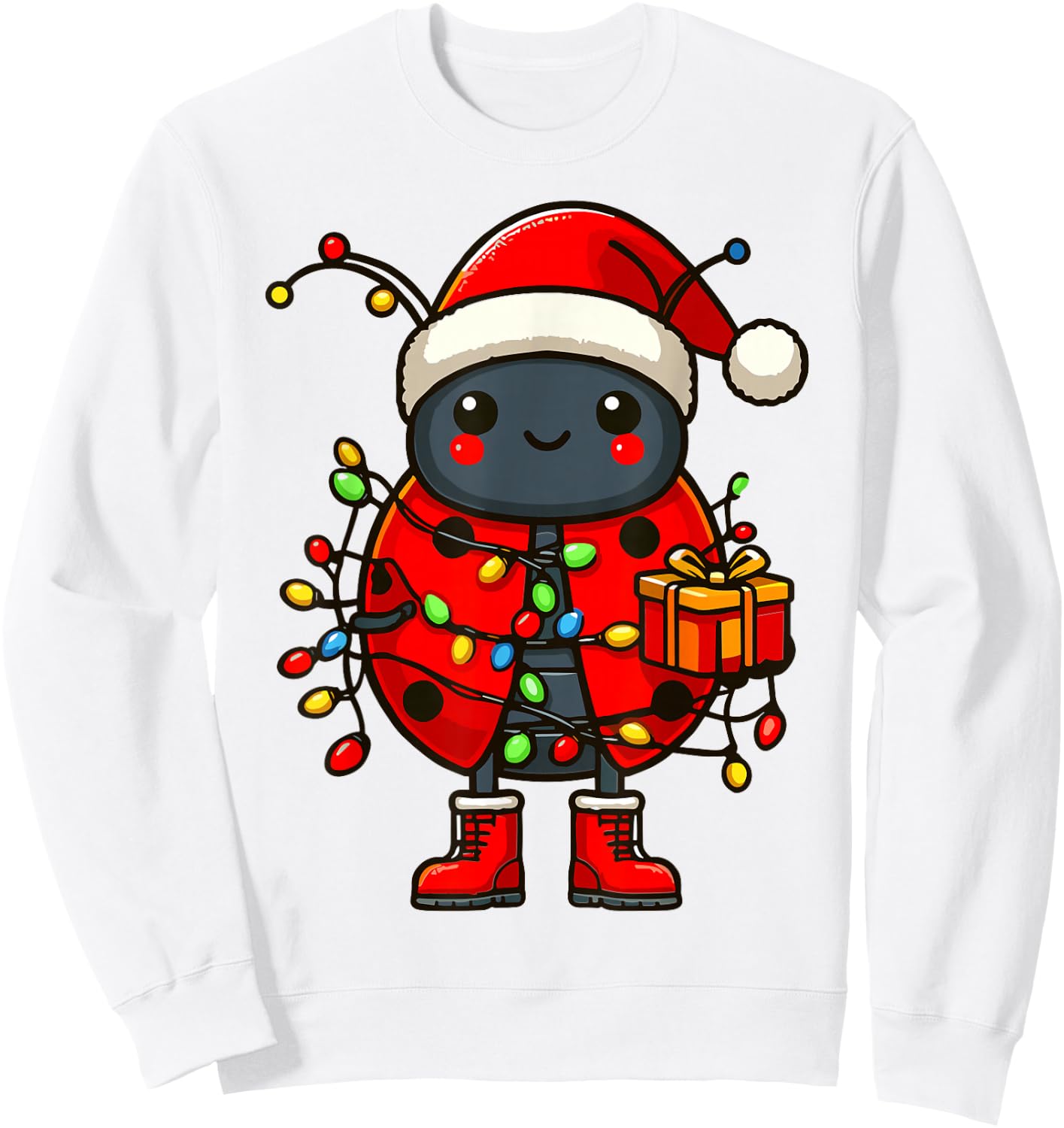 Ladybug Wearing Santa Hat, Holding A Present Box Xmas Sweatshirt - Sweatshirt | White