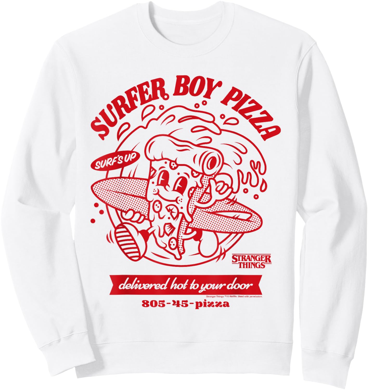 Stranger Things Surfer Boy Pizza Surf's Up , White Sweatshirt - Sweatshirt | White