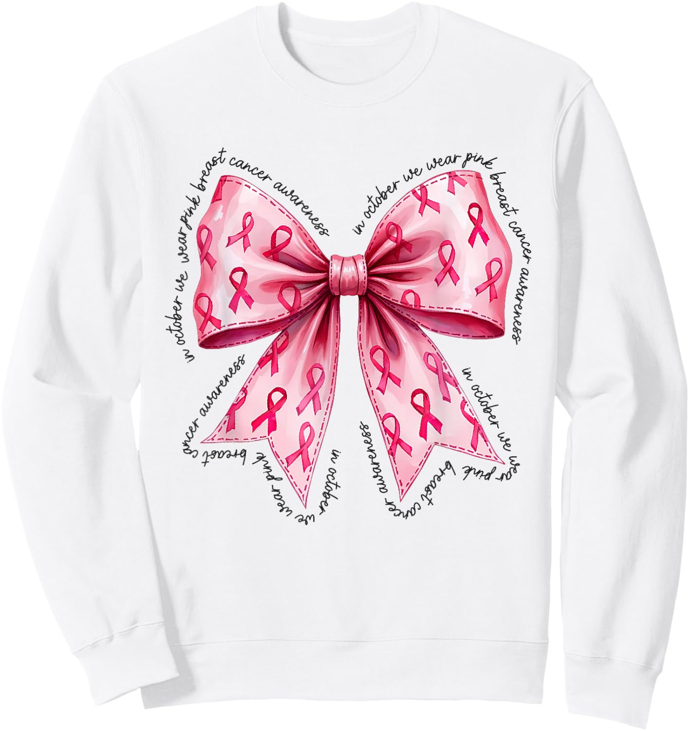 In October We Wear Pink Breast Cancer Awareness Bow Coquette Sweatshirt - Sweatshirt | White