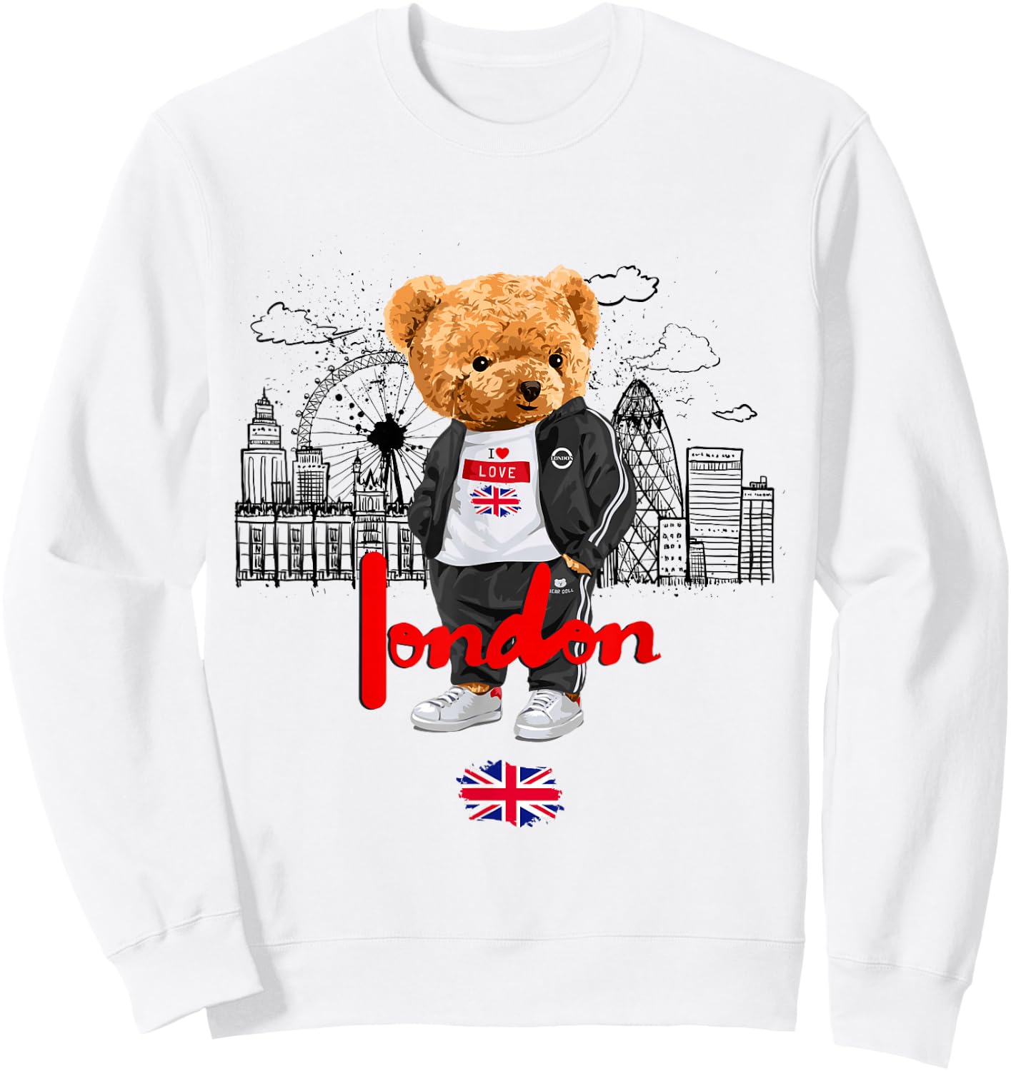 London Royal Teddybär Bad Boy Illustration Grafik Anime Sweatshirt - Sweatshirt | White