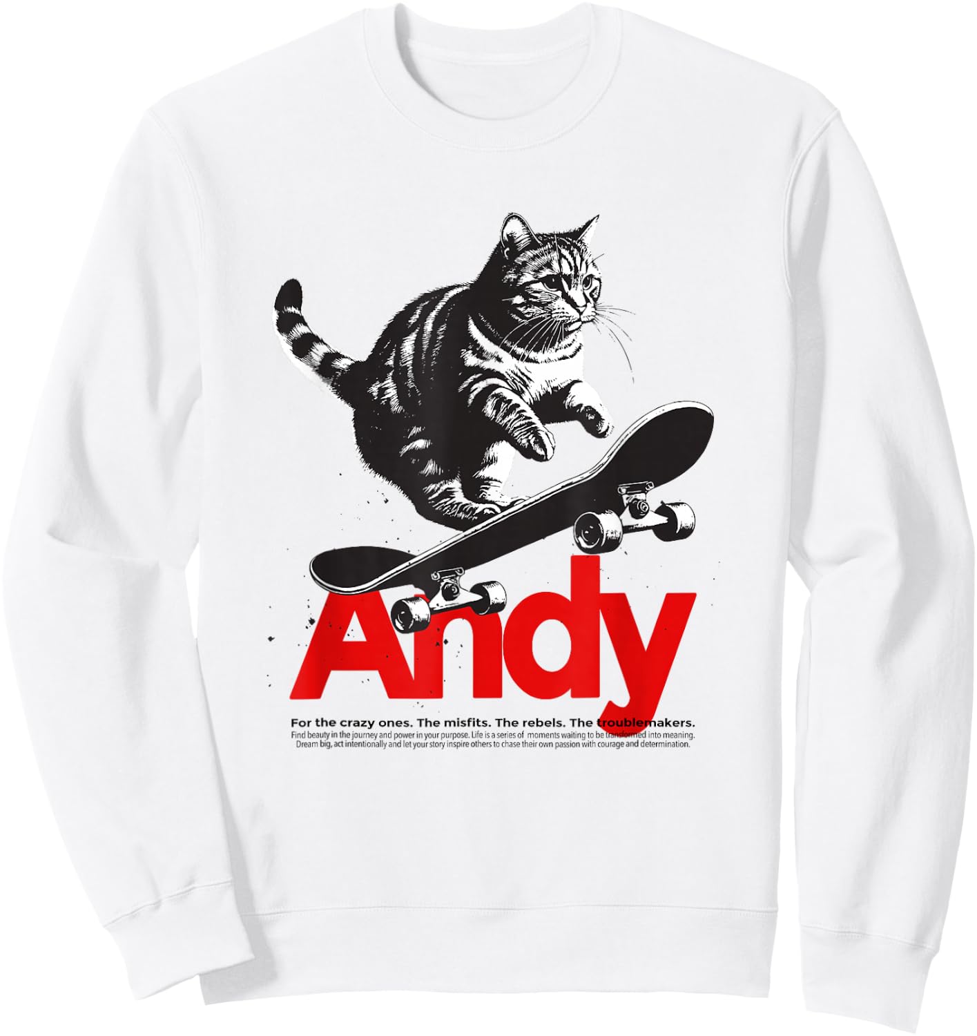 ANDY - Beautiful Boy Name With A Cat & Skateboard Sweatshirt - Sweatshirt | White