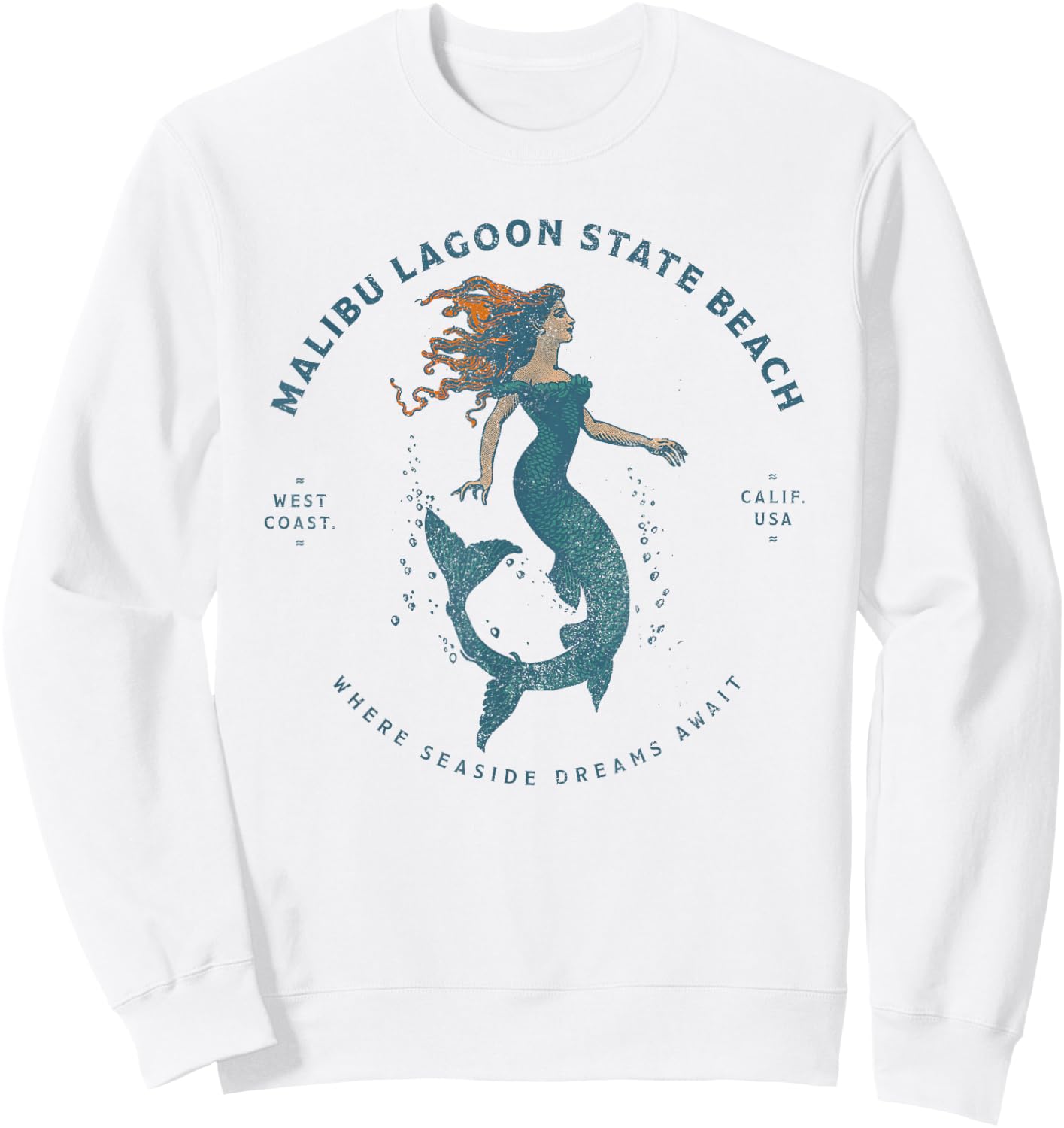 Malibu Lagoon State Beach California Retro Vintage Mermaid Sweatshirt - Sweatshirt | White