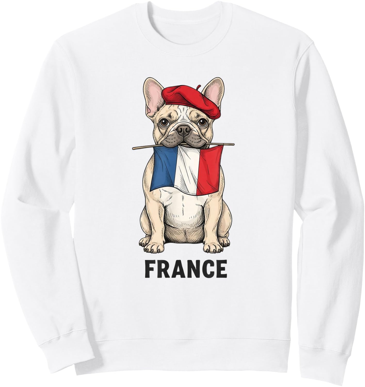French Bulldog with Flag Beret France Art Travel Souvenir Sweatshirt - Sweatshirt | White