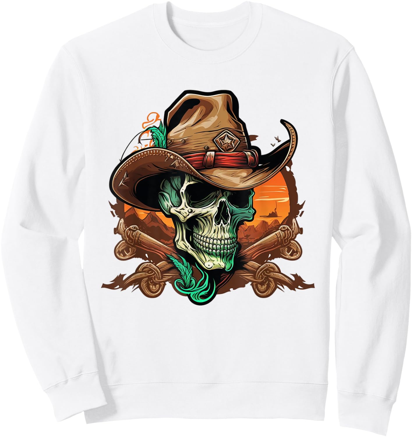 Skull Wearing Cowboy Hat Skeleton Sweatshirt - Sweatshirt | White